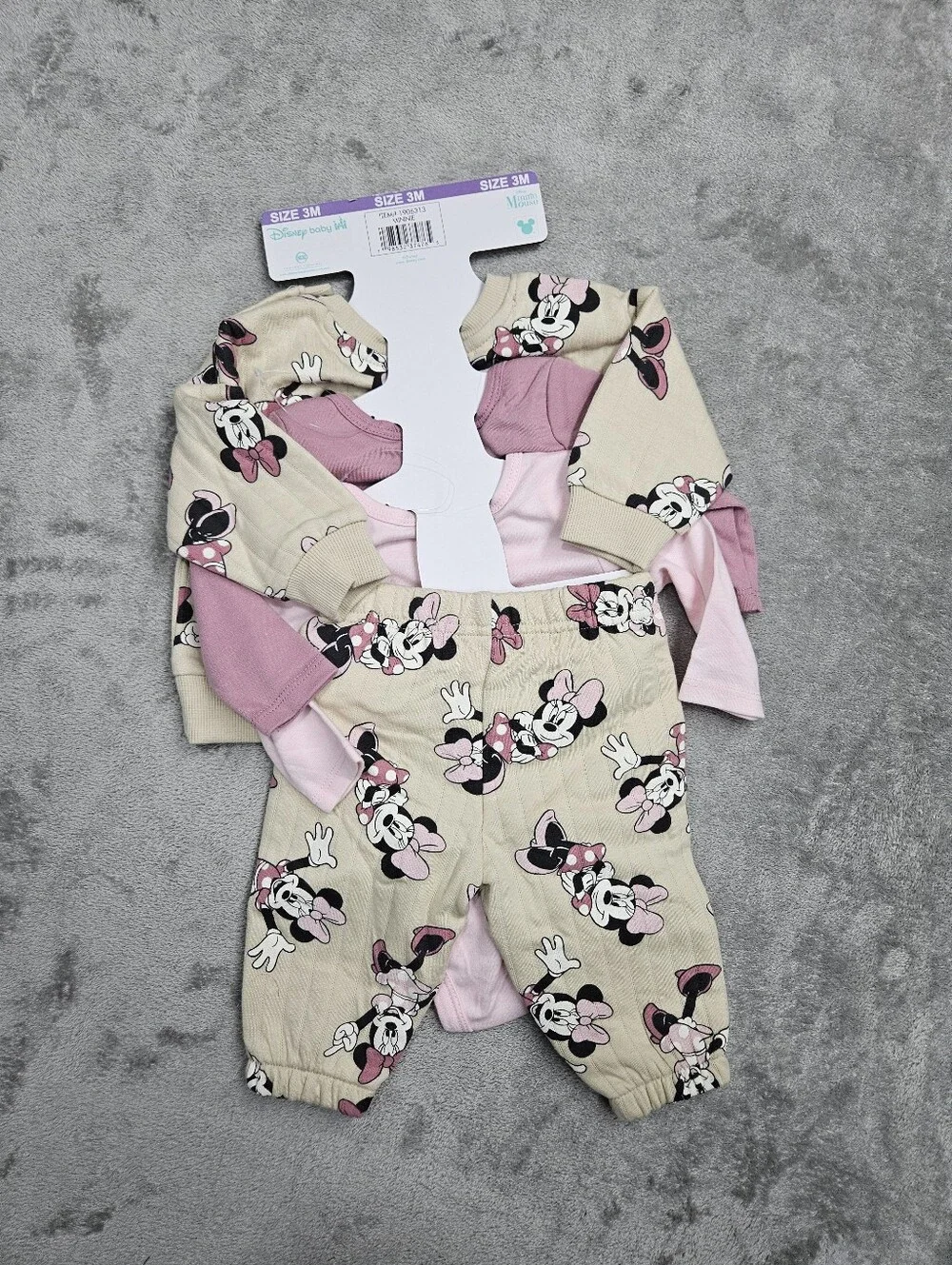 Disney Minnie Mouse 3-Piece Baby Outfit Set, Size 3M Sweatshirt + Bodysuit Pants